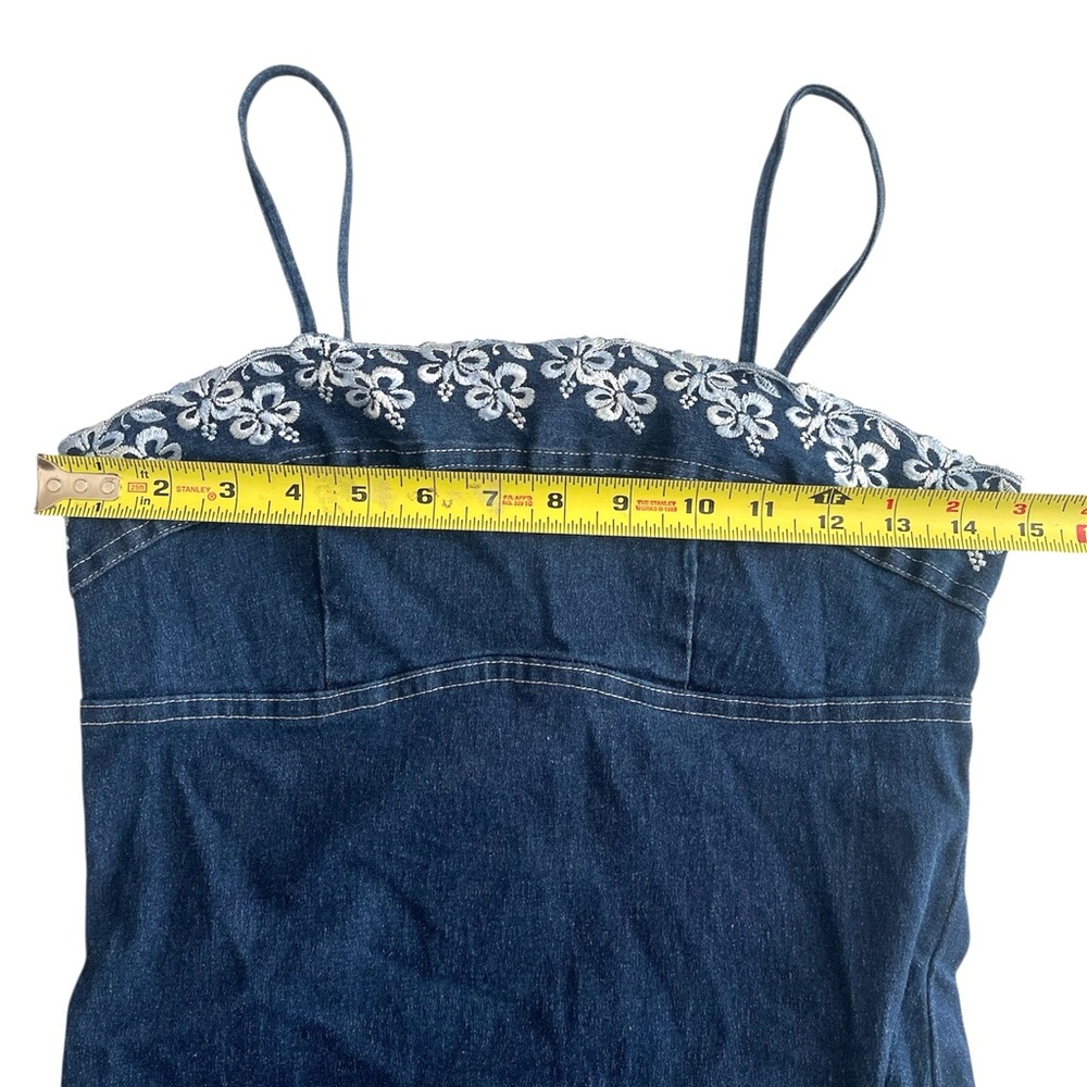 Vintage Y2k Brentwood Floral Embroidered Stretchy Denim Babydoll Mini Dress sz S - Picture 8 of 10